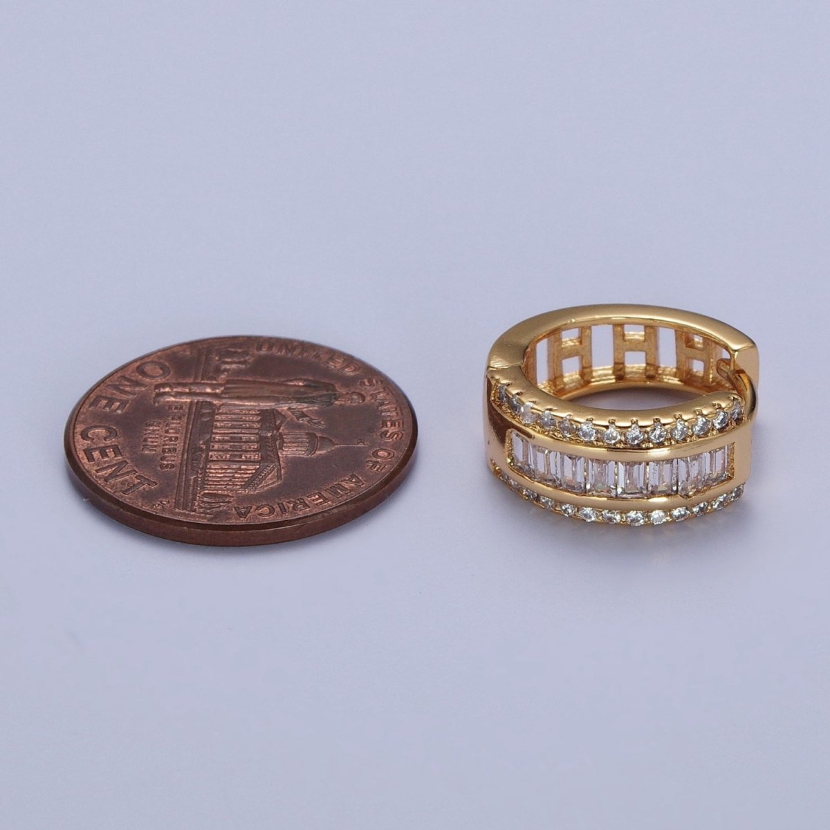 16K Gold plated Micro Paved Baguette Lined Cubic Zirconia Huggie Hoops Earrings | X-844 - DLUXCA