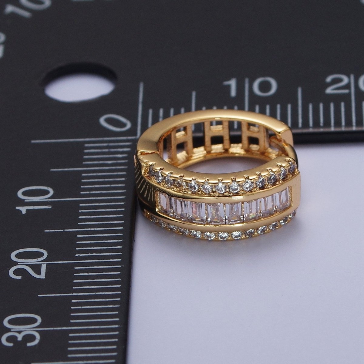 16K Gold plated Micro Paved Baguette Lined Cubic Zirconia Huggie Hoops Earrings | X-844 - DLUXCA