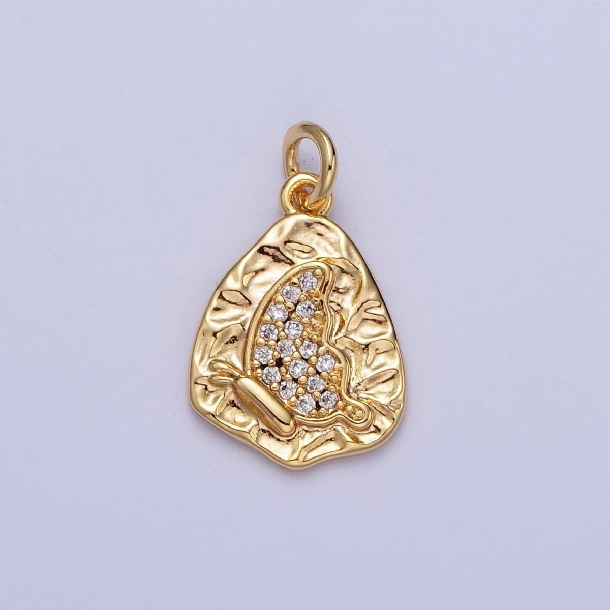 16K Gold plated Micro Paved Butterfly Wings Hammered Charm | A-637 - DLUXCA