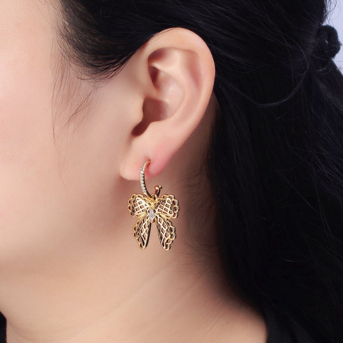 16K Gold plated Micro Paved C-Shaped Hoops Ribbon Bow Dangle Drop Earrings in Gold & Silver | AB493 AB494