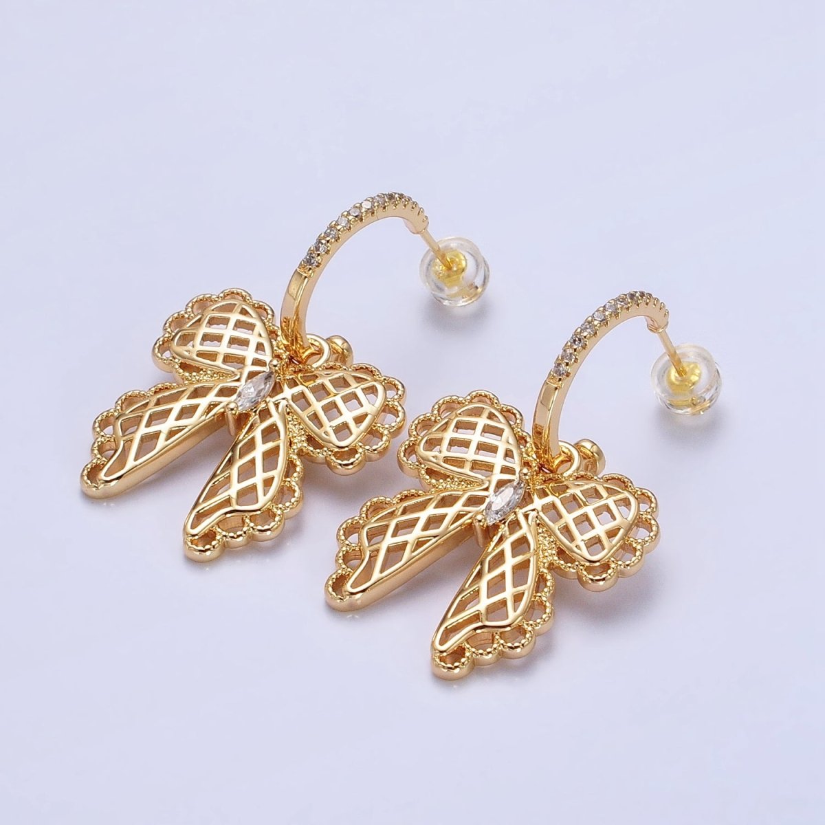 16K Gold plated Micro Paved C-Shaped Hoops Ribbon Bow Dangle Drop Earrings in Gold & Silver | AB493 AB494