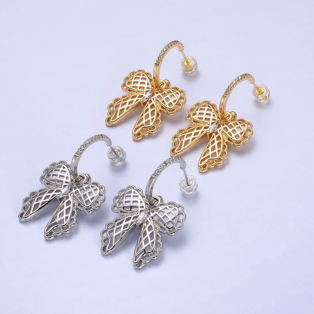 16K Gold plated Micro Paved C-Shaped Hoops Ribbon Bow Dangle Drop Earrings in Gold & Silver | AB493 AB494