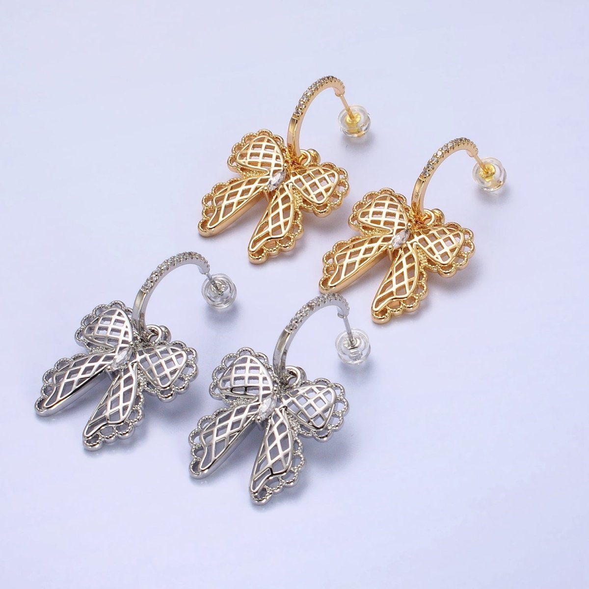 16K Gold plated Micro Paved C-Shaped Hoops Ribbon Bow Dangle Drop Earrings in Gold & Silver | AB493 AB494