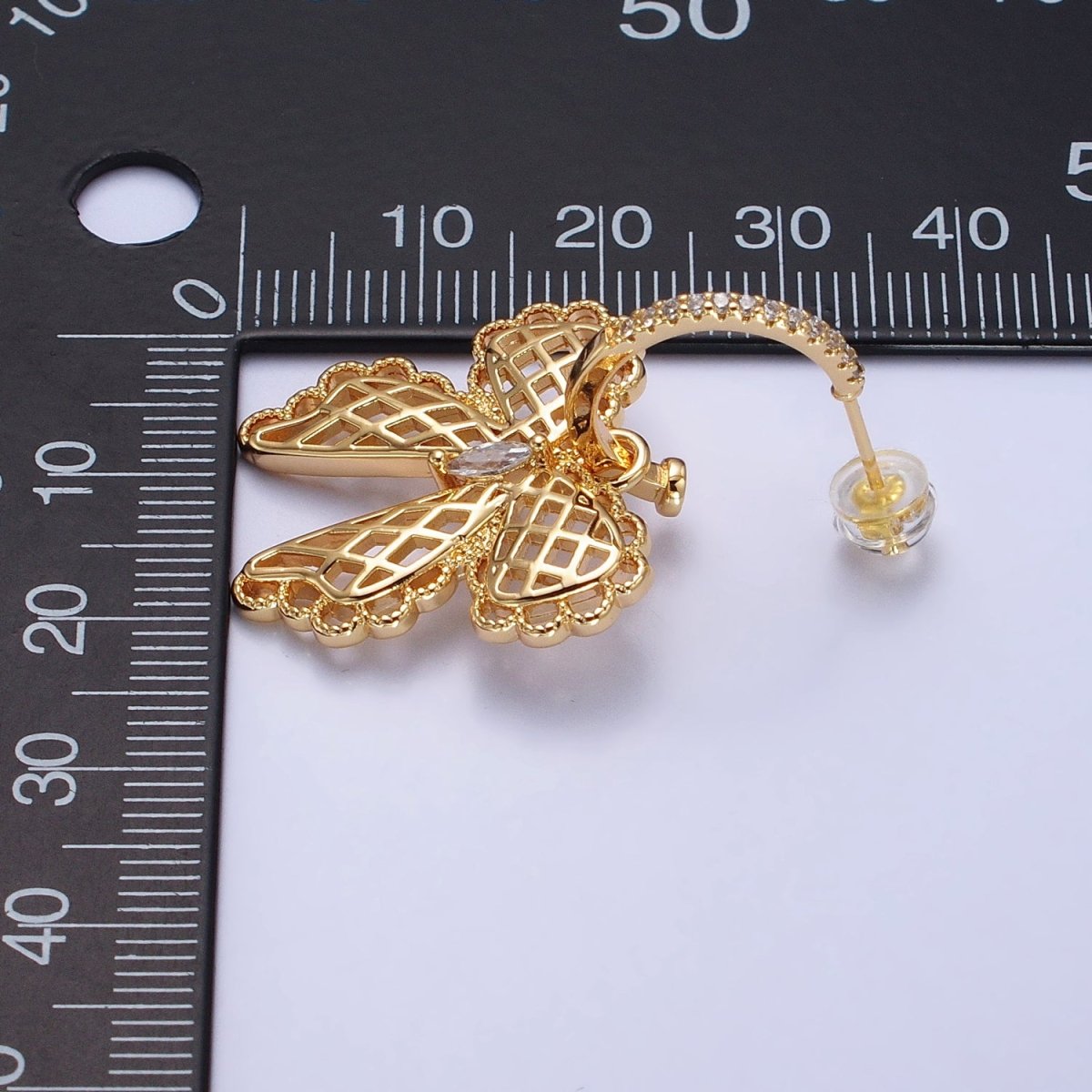 16K Gold plated Micro Paved C-Shaped Hoops Ribbon Bow Dangle Drop Earrings in Gold & Silver | AB493 AB494