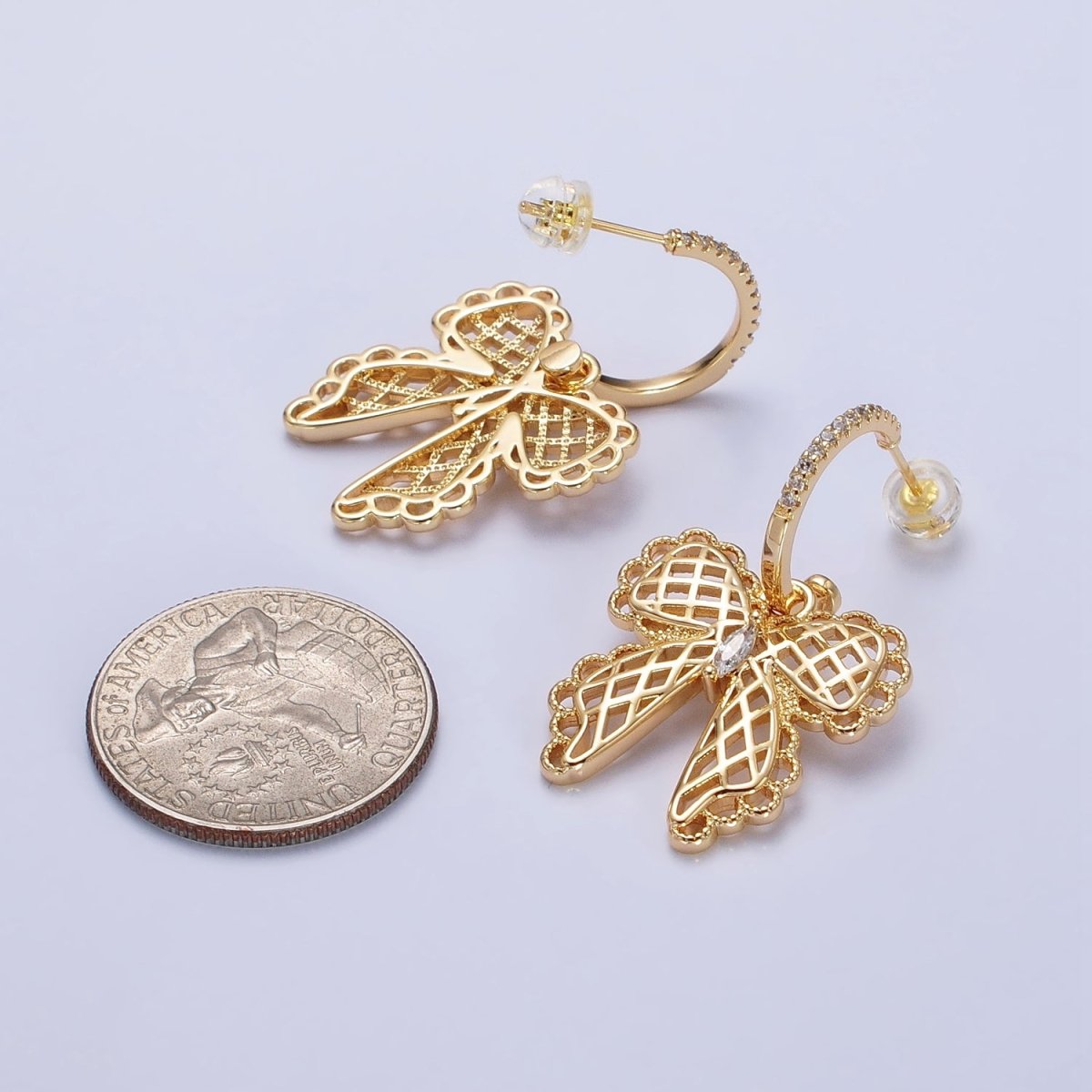 16K Gold plated Micro Paved C-Shaped Hoops Ribbon Bow Dangle Drop Earrings in Gold & Silver | AB493 AB494