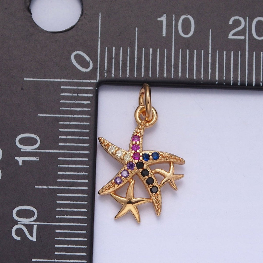 16K Gold plated Micro Paved Clear/Multicolor CZ Ocean Starfish Charm For Beach Jewelry | X-222 X-223 - DLUXCA
