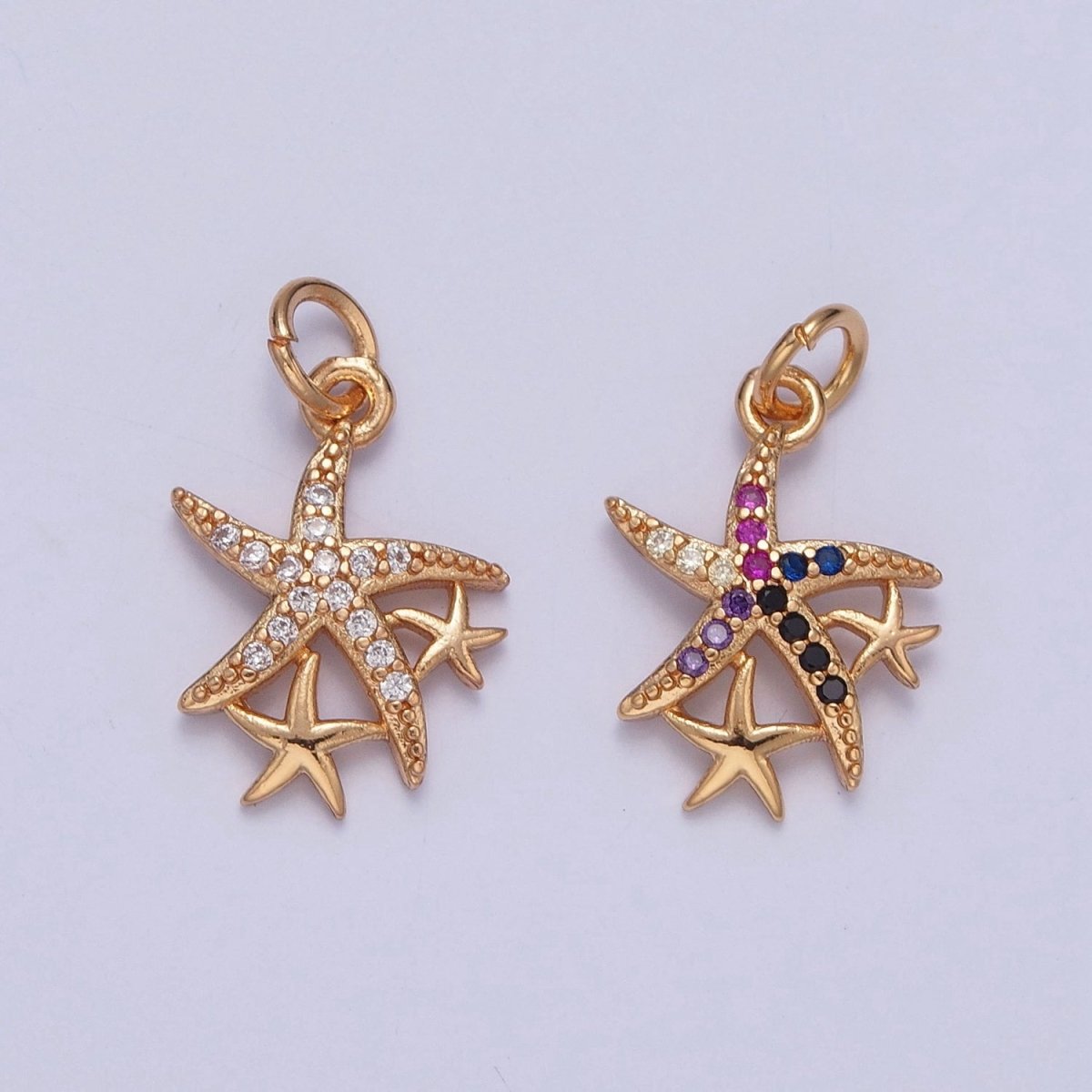 16K Gold plated Micro Paved Clear/Multicolor CZ Ocean Starfish Charm For Beach Jewelry | X-222 X-223 - DLUXCA