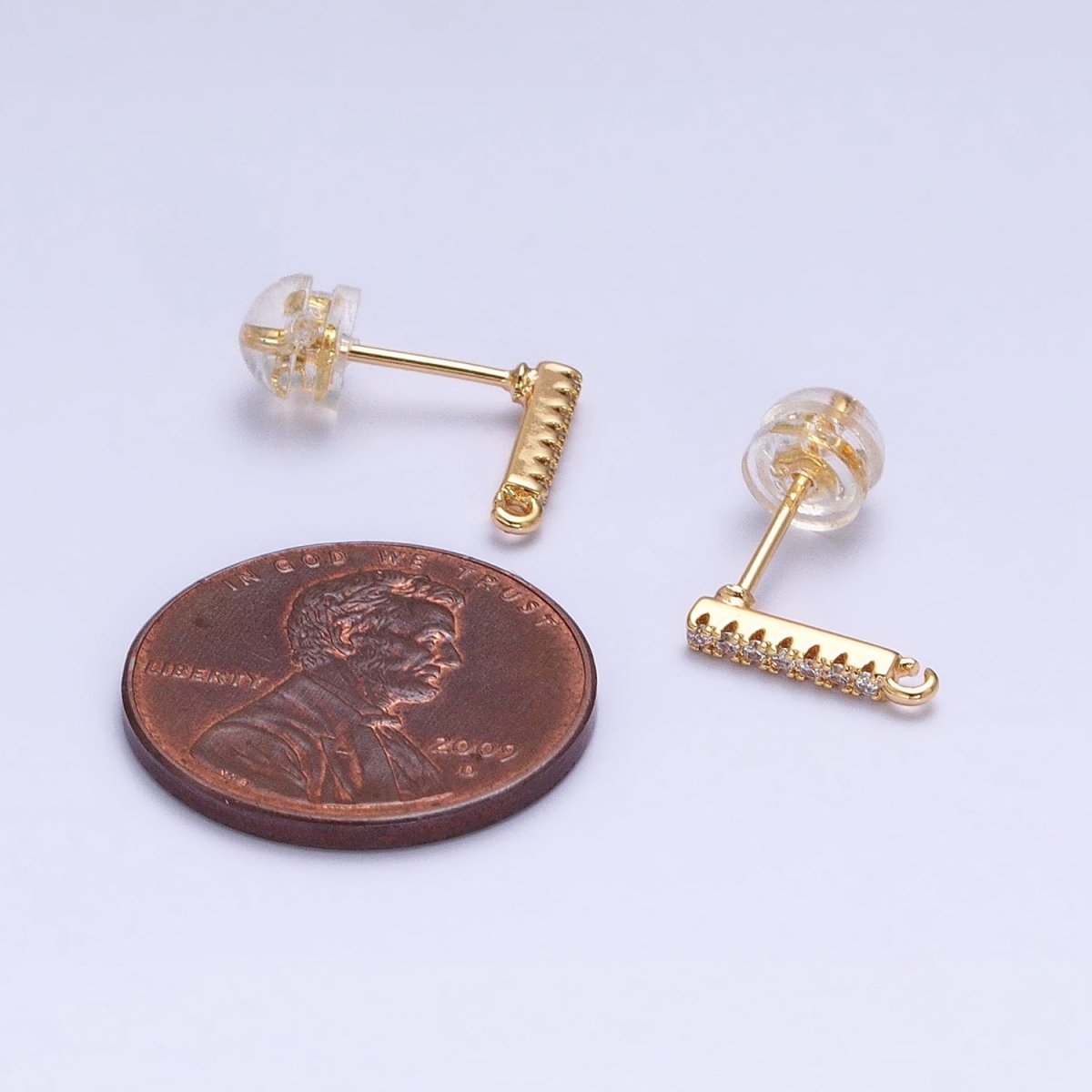 16K Gold plated Micro Paved CZ 11mm Bar Open Loop Stud Earrings Supply in Gold & Silver | Z-371 Z-372 - DLUXCA