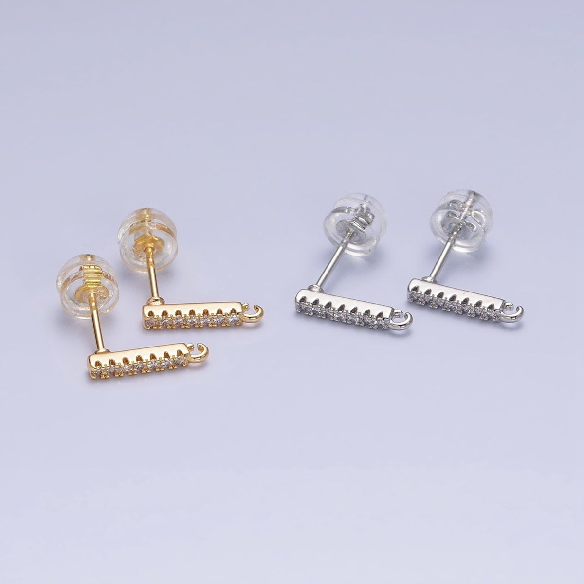16K Gold plated Micro Paved CZ 11mm Bar Open Loop Stud Earrings Supply in Gold & Silver | Z-371 Z-372 - DLUXCA