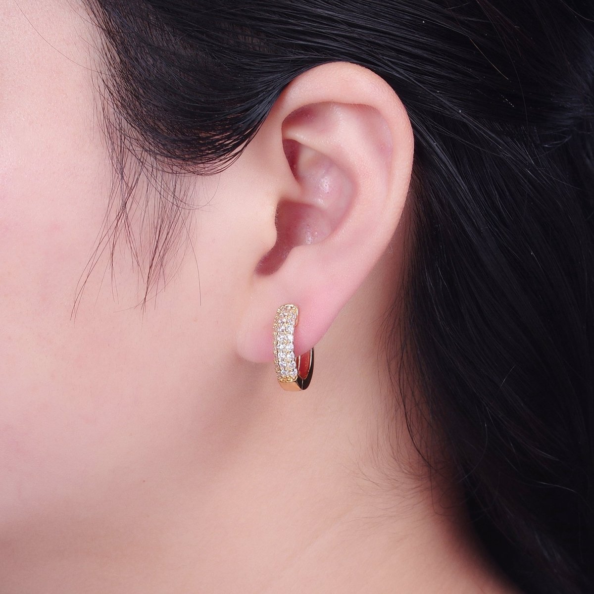 16K Gold plated Micro Paved CZ 18mm Huggie Hoop Earrings | V-384 - DLUXCA