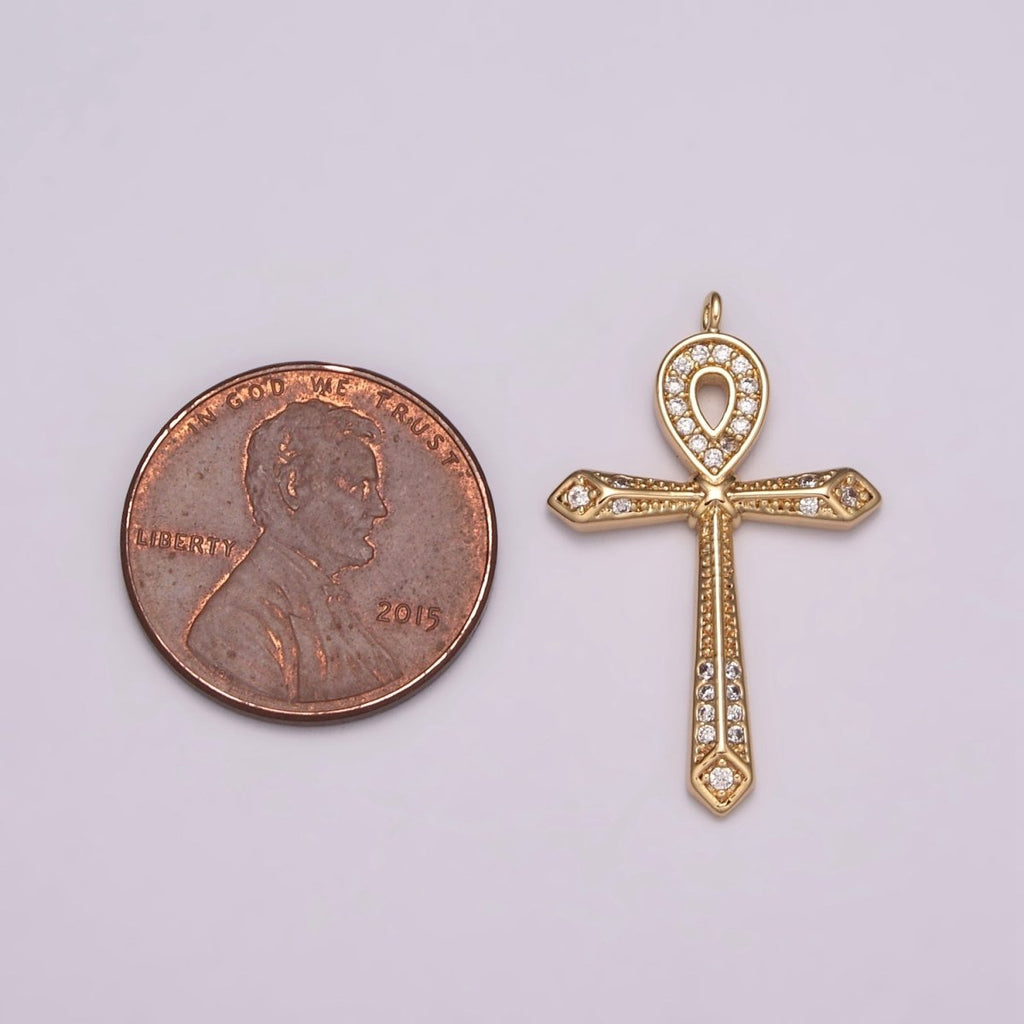 16K Gold plated Micro Paved CZ Ankh Cross Egyptian Pantheon 27.5mm, 40.5mm Charm N-173 N-174 - DLUXCA