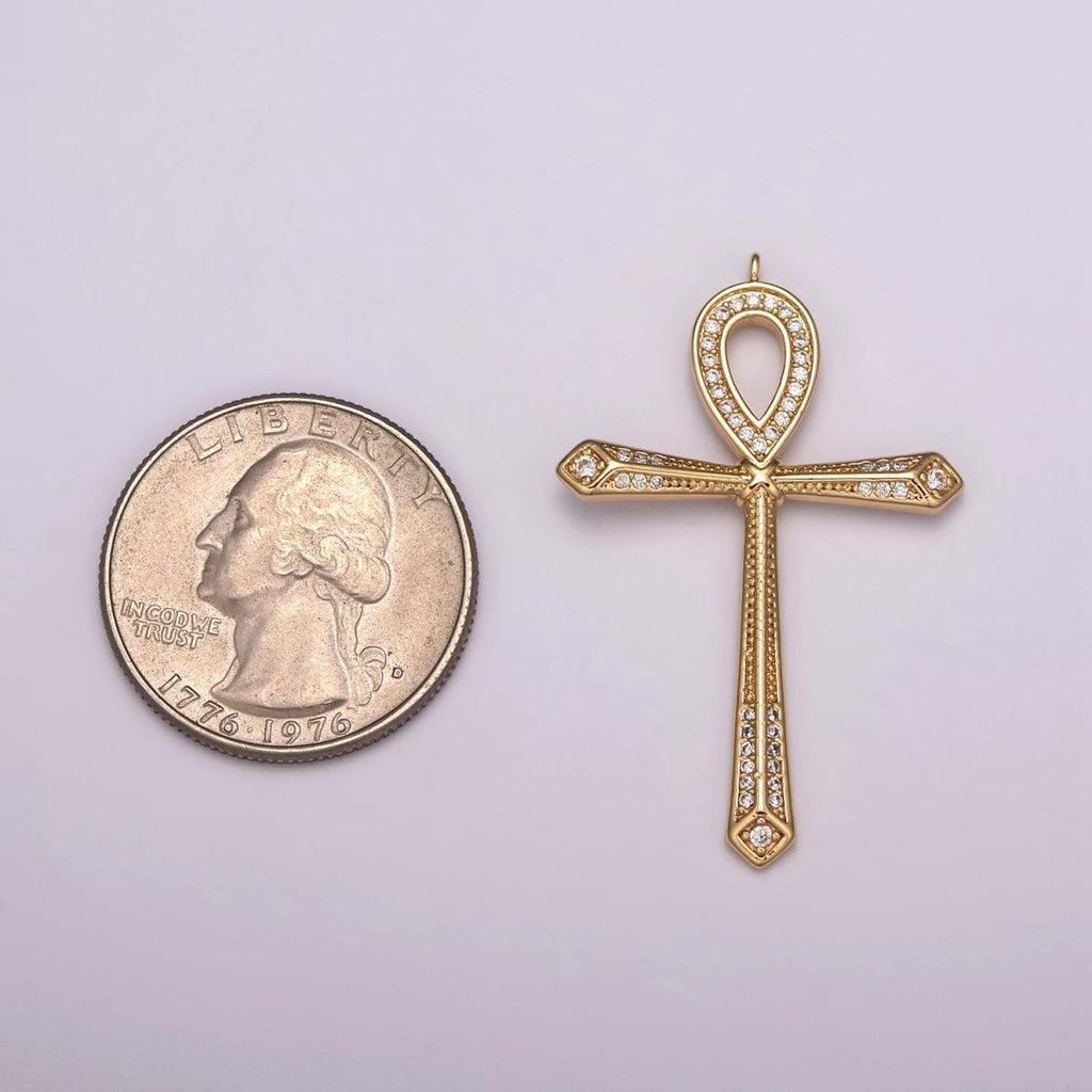 16K Gold plated Micro Paved CZ Ankh Cross Egyptian Pantheon 27.5mm, 40.5mm Charm N-173 N-174 - DLUXCA