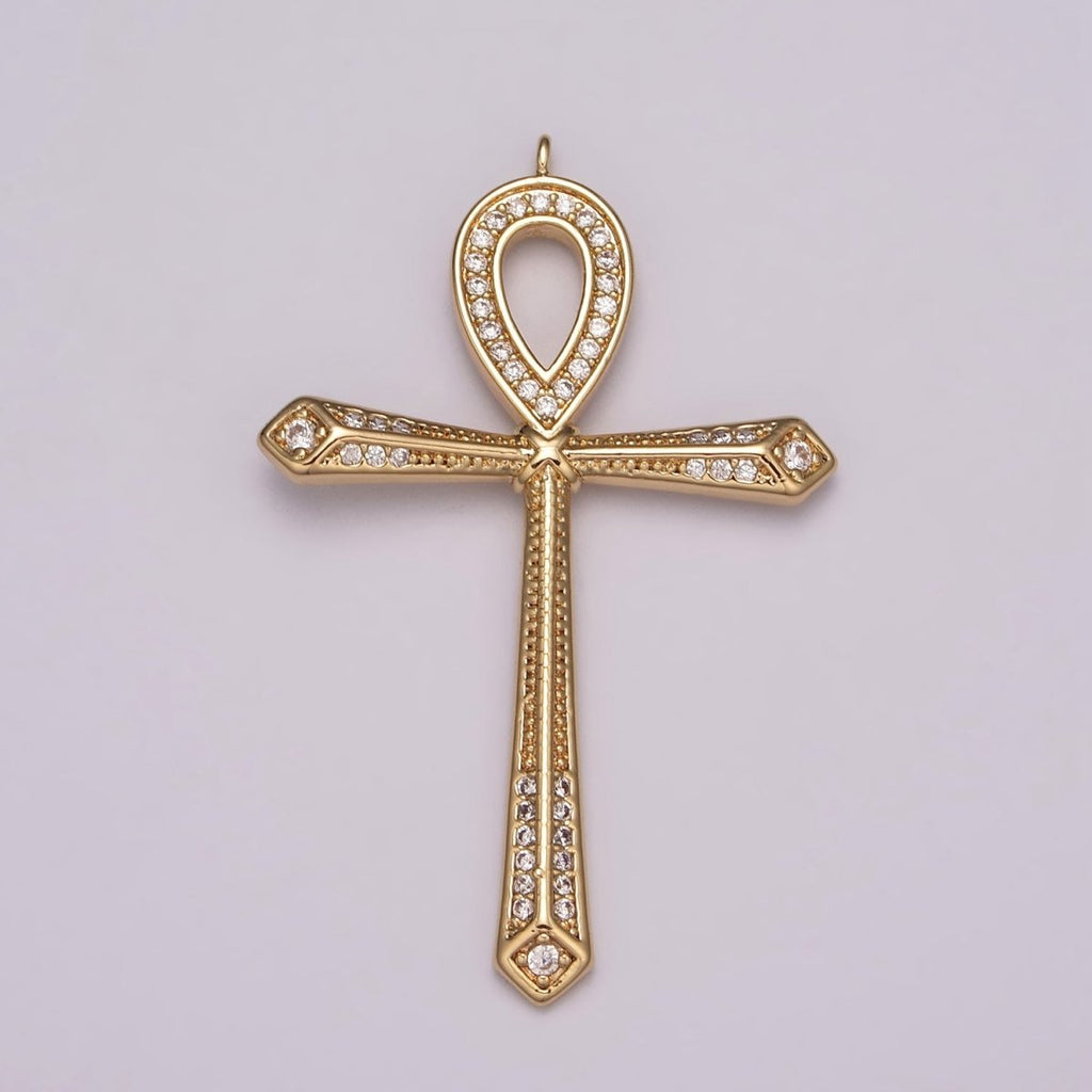 16K Gold plated Micro Paved CZ Ankh Cross Egyptian Pantheon 27.5mm, 40.5mm Charm N-173 N-174 - DLUXCA