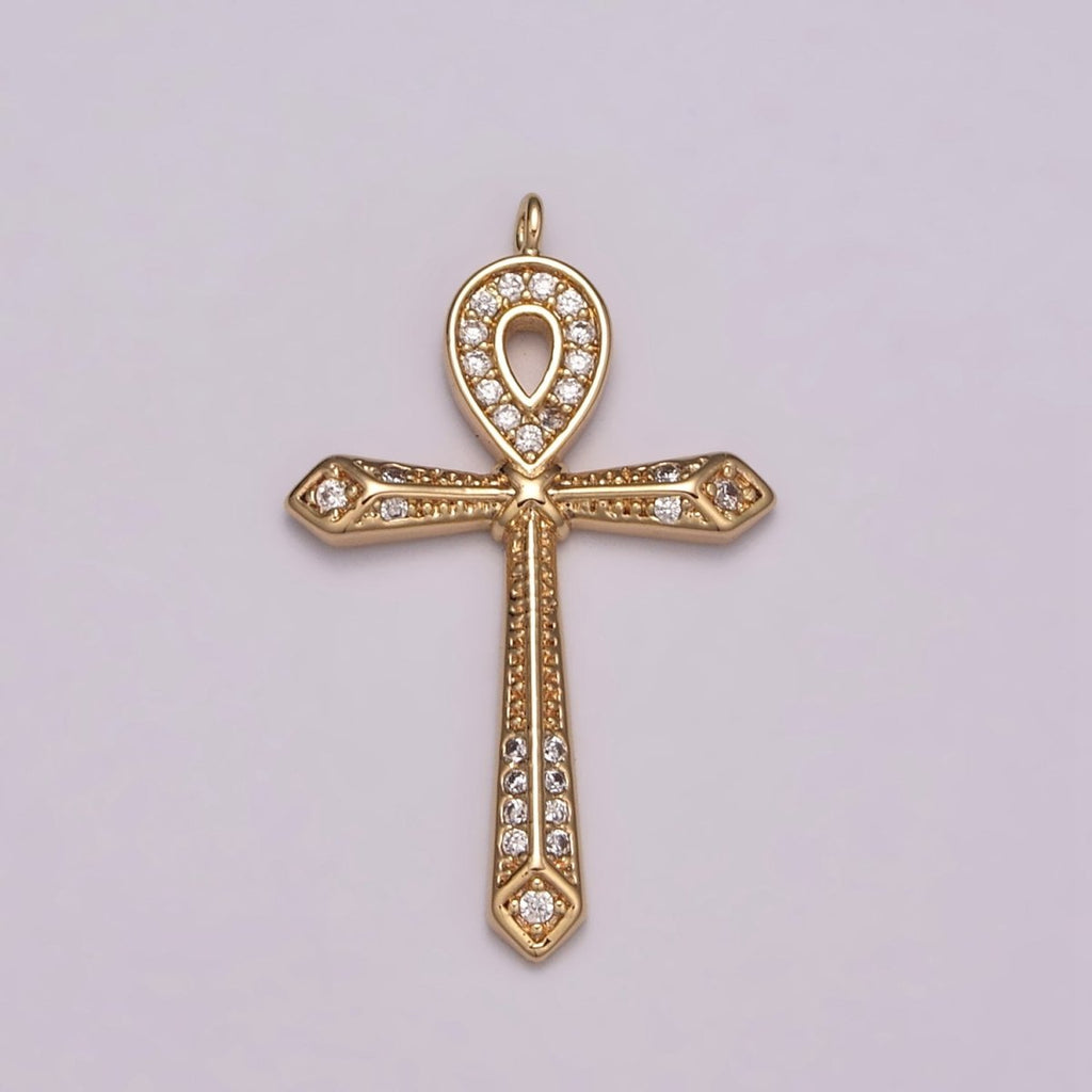 16K Gold plated Micro Paved CZ Ankh Cross Egyptian Pantheon 27.5mm, 40.5mm Charm N-173 N-174 - DLUXCA