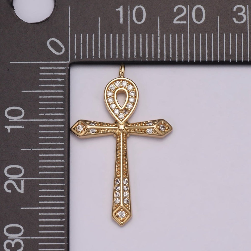 16K Gold plated Micro Paved CZ Ankh Cross Egyptian Pantheon 27.5mm, 40.5mm Charm N-173 N-174 - DLUXCA