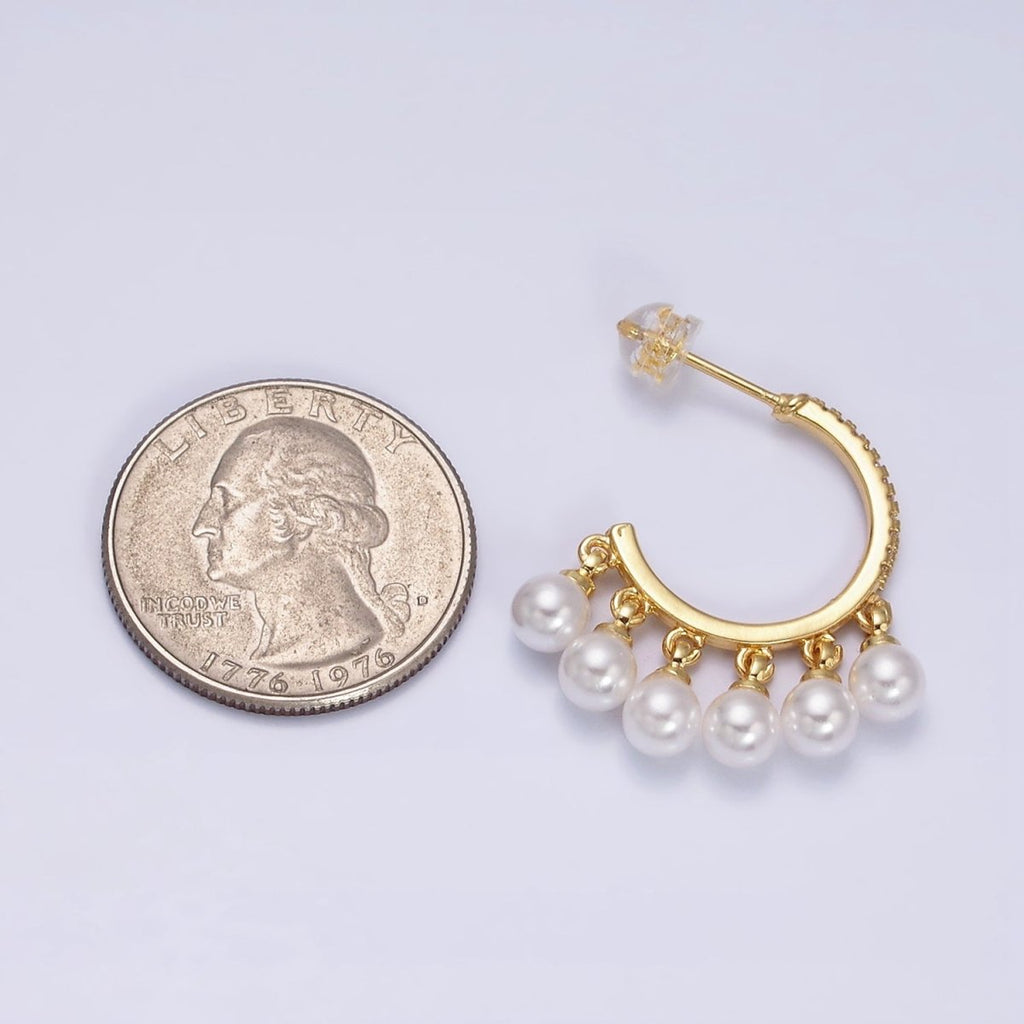 16K Gold plated Micro Paved CZ C-Shaped Round Pearl Drop Dangle Hoop Earrings in Gold & Silver | AD1167 AD1168 - DLUXCA