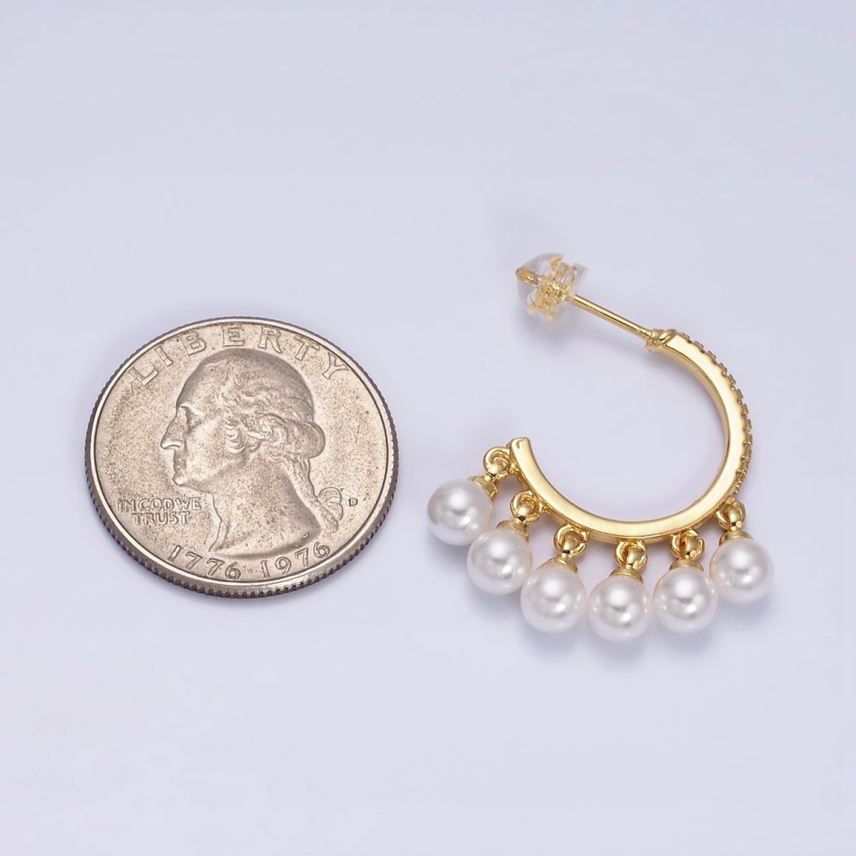 16K Gold plated Micro Paved CZ C-Shaped Round Pearl Drop Dangle Hoop Earrings in Gold & Silver | AD1167 AD1168 - DLUXCA