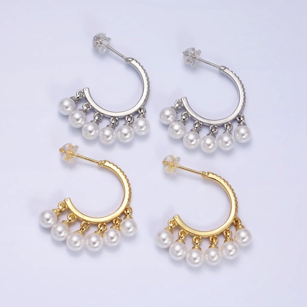 16K Gold plated Micro Paved CZ C-Shaped Round Pearl Drop Dangle Hoop Earrings in Gold & Silver | AD1167 AD1168 - DLUXCA