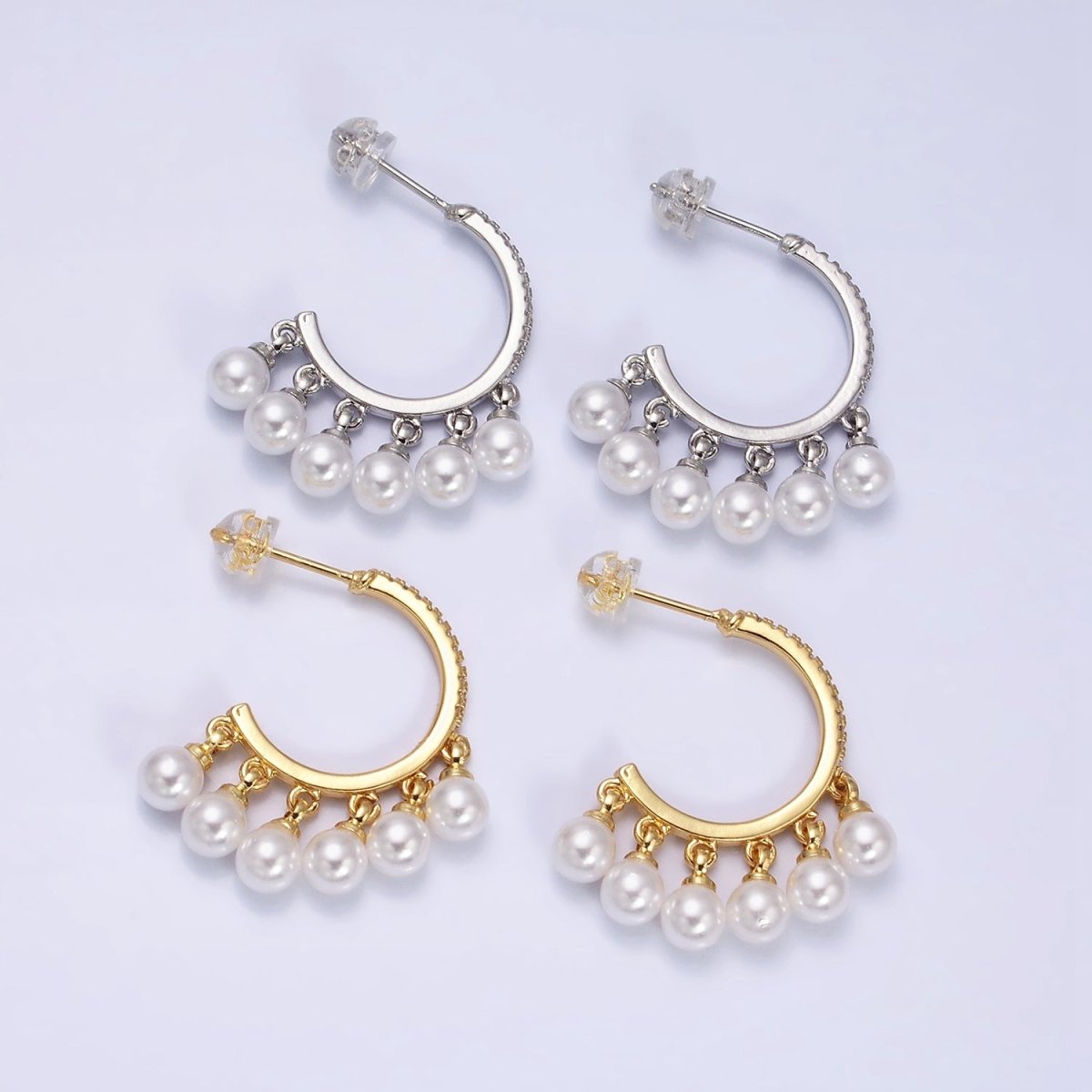 16K Gold plated Micro Paved CZ C-Shaped Round Pearl Drop Dangle Hoop Earrings in Gold & Silver | AD1167 AD1168 - DLUXCA