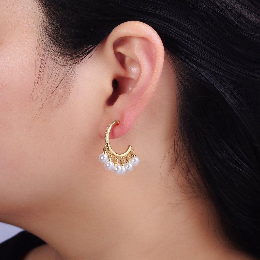 16K Gold plated Micro Paved CZ C-Shaped Round Pearl Drop Dangle Hoop Earrings in Gold & Silver | AD1167 AD1168 - DLUXCA