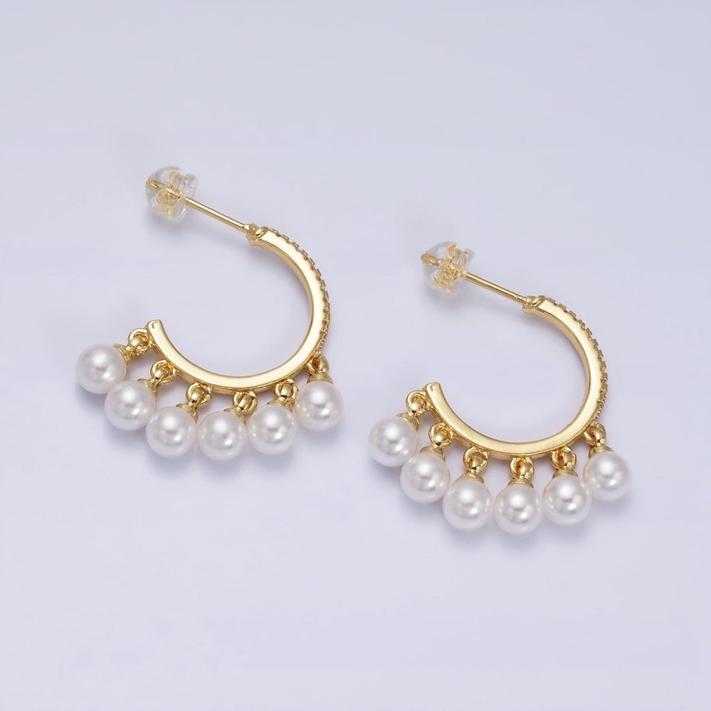 16K Gold plated Micro Paved CZ C-Shaped Round Pearl Drop Dangle Hoop Earrings in Gold & Silver | AD1167 AD1168 - DLUXCA