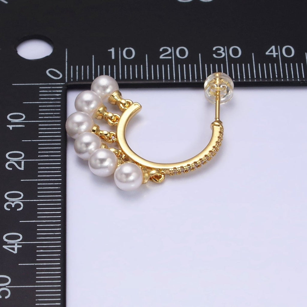 16K Gold plated Micro Paved CZ C-Shaped Round Pearl Drop Dangle Hoop Earrings in Gold & Silver | AD1167 AD1168 - DLUXCA