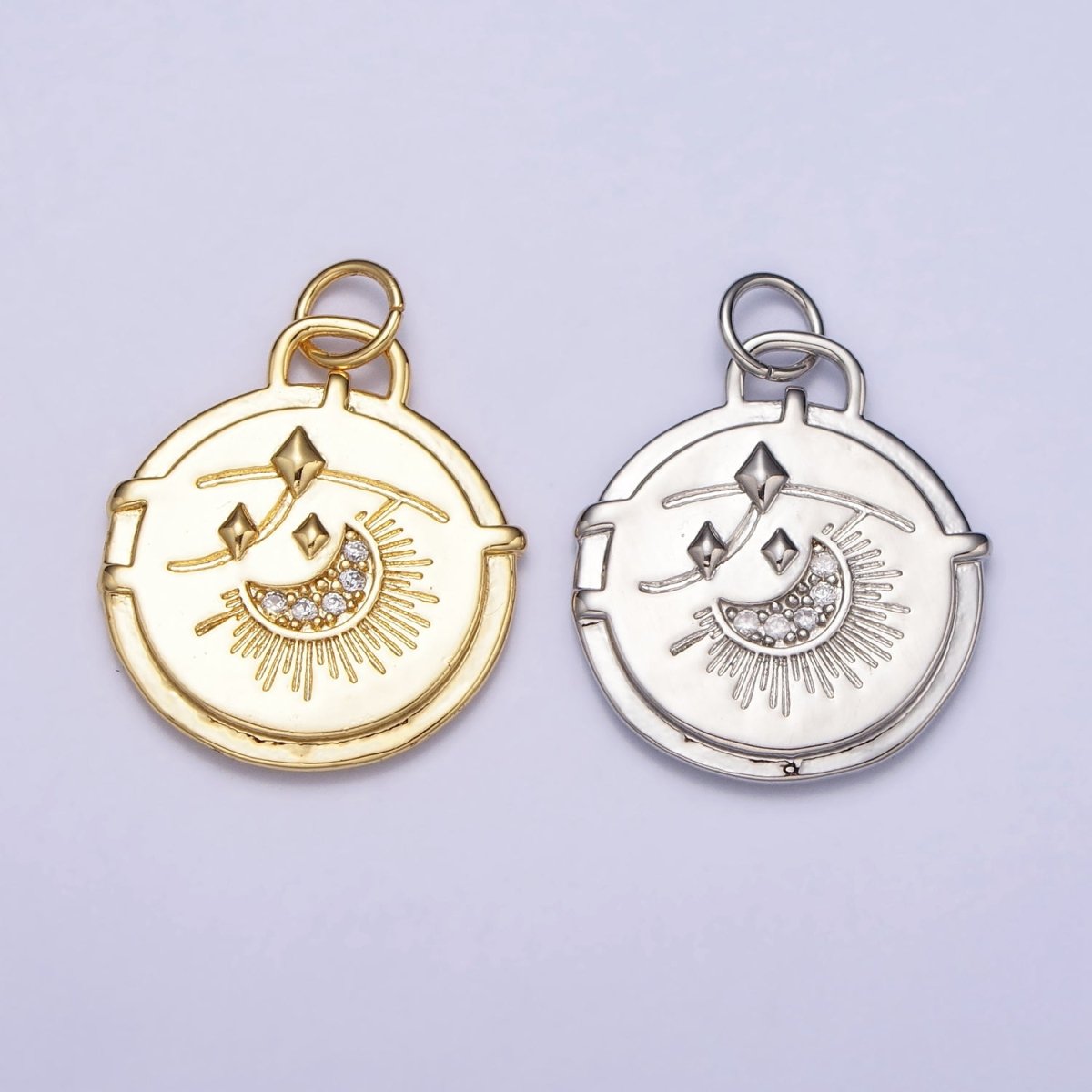 16K Gold plated Micro Paved CZ Celestial Stars Crescent Moon Textured Charm in Gold & Silver | AC1272 AC1273