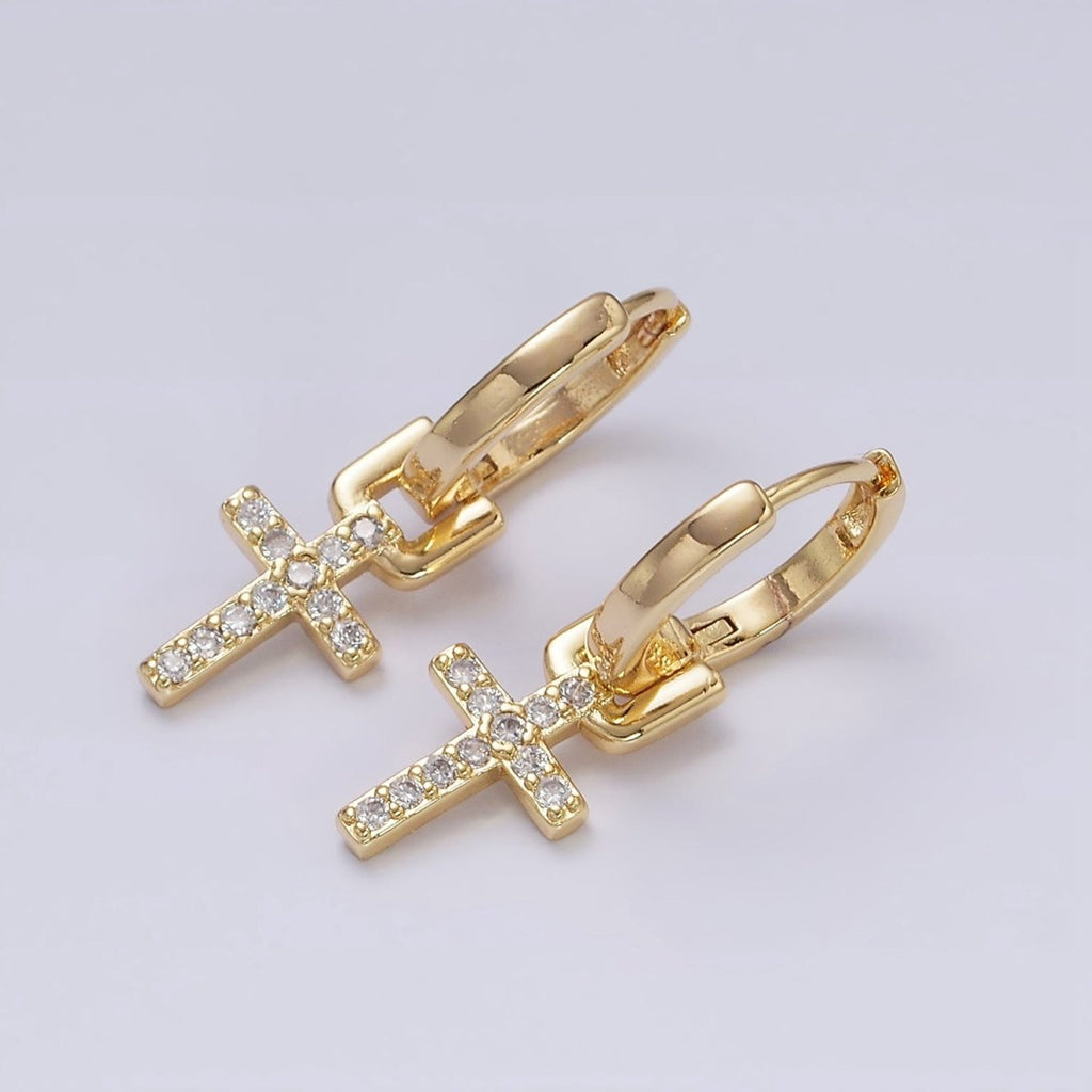 16K Gold plated Micro Paved CZ Cross Religious Drop Huggie Earrings in Gold & Silver | AD1225 AD1226 - DLUXCA