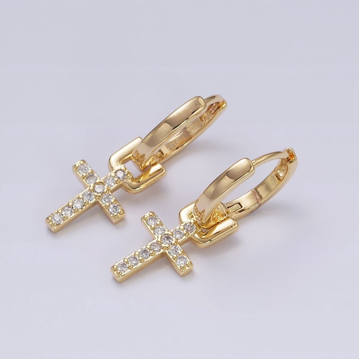 16K Gold plated Micro Paved CZ Cross Religious Drop Huggie Earrings in Gold & Silver | AD1225 AD1226 - DLUXCA