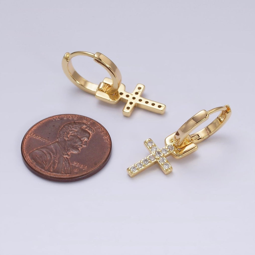16K Gold plated Micro Paved CZ Cross Religious Drop Huggie Earrings in Gold & Silver | AD1225 AD1226 - DLUXCA