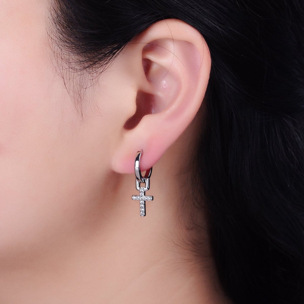 16K Gold plated Micro Paved CZ Cross Religious Drop Huggie Earrings in Gold & Silver | AD1225 AD1226 - DLUXCA