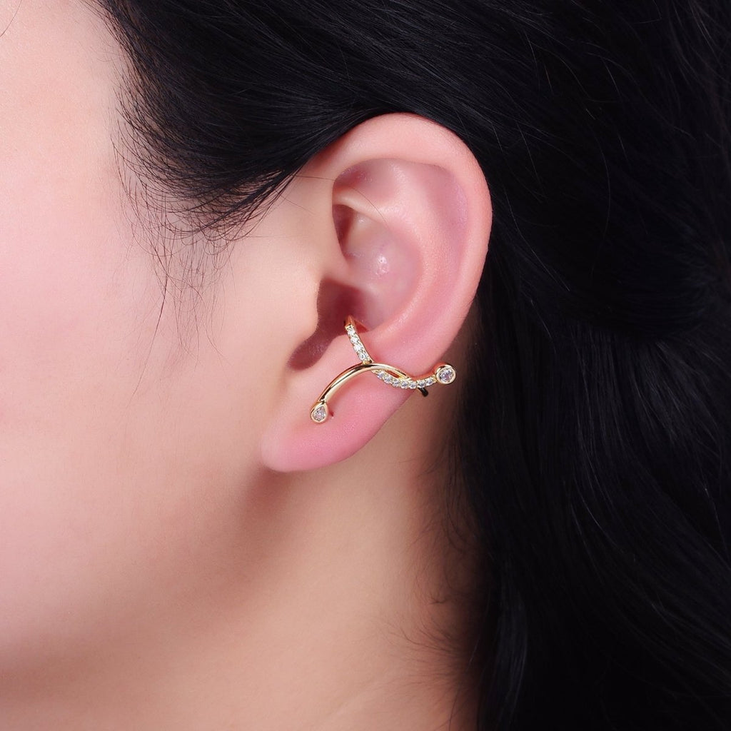 16K Gold plated Micro Paved CZ Curved Band Ear Cuff Earrings | AI148 - DLUXCA