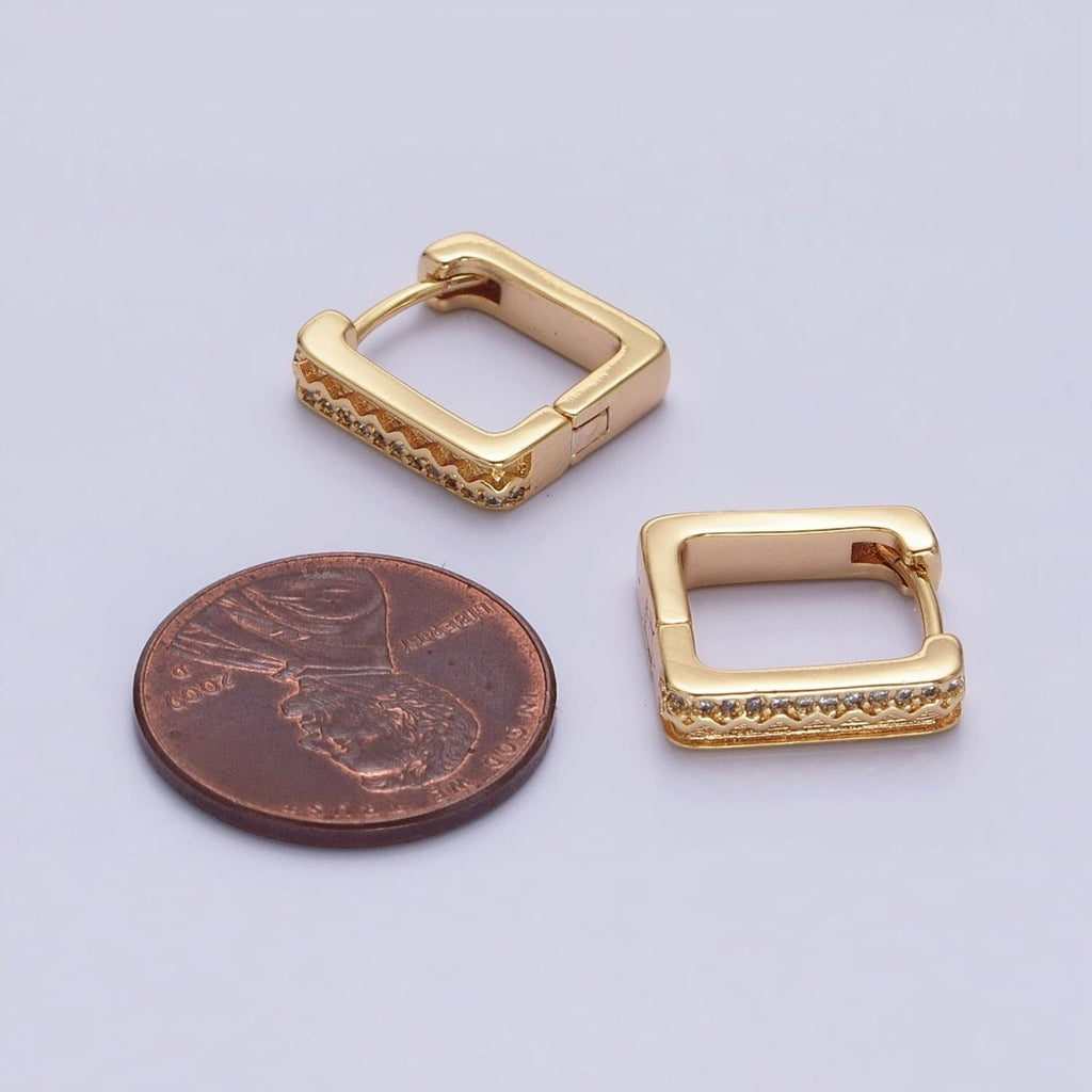 16K Gold plated Micro Paved CZ Line Zig Zag Geometric Oblong Hoop in Gold & Silver | AB1480 AB1481