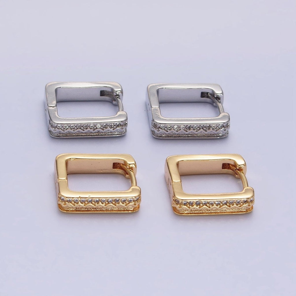16K Gold plated Micro Paved CZ Line Zig Zag Geometric Oblong Hoop in Gold & Silver | AB1480 AB1481