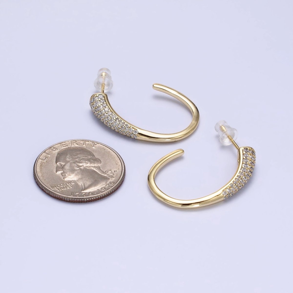 16K Gold plated Micro Paved CZ Minimalist J-Shaped Hoop Earrings in Gold & Silver | AE041 AE042