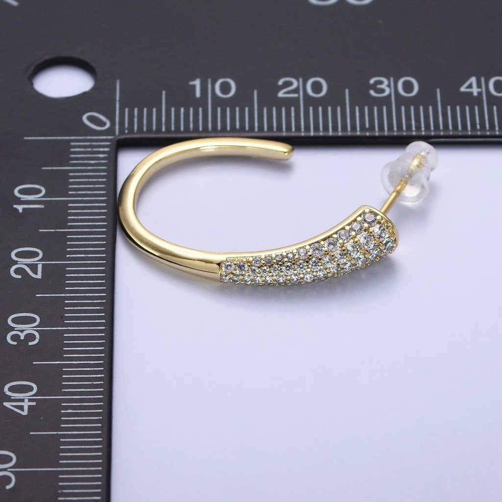 16K Gold plated Micro Paved CZ Minimalist J-Shaped Hoop Earrings in Gold & Silver | AE041 AE042
