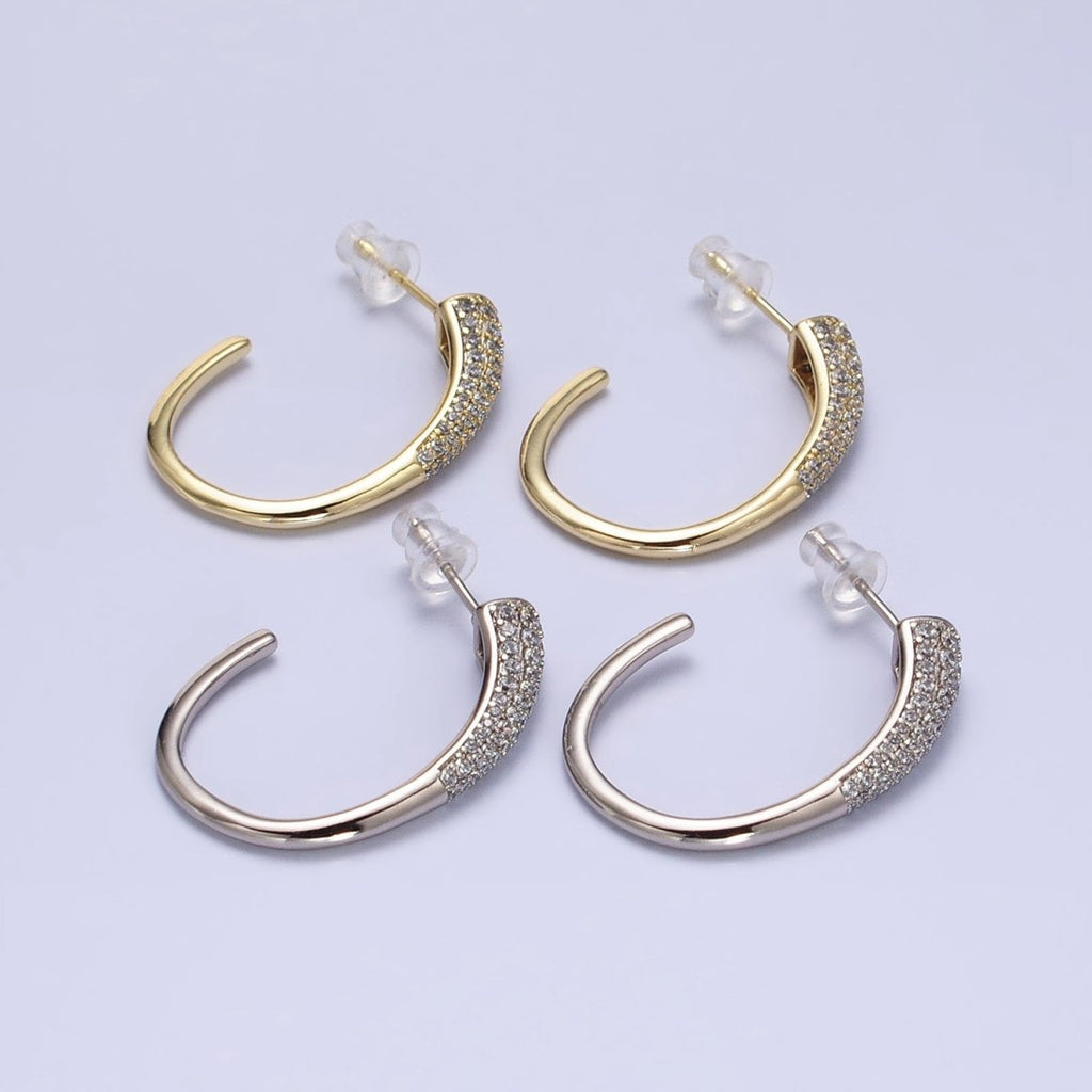16K Gold plated Micro Paved CZ Minimalist J-Shaped Hoop Earrings in Gold & Silver | AE041 AE042