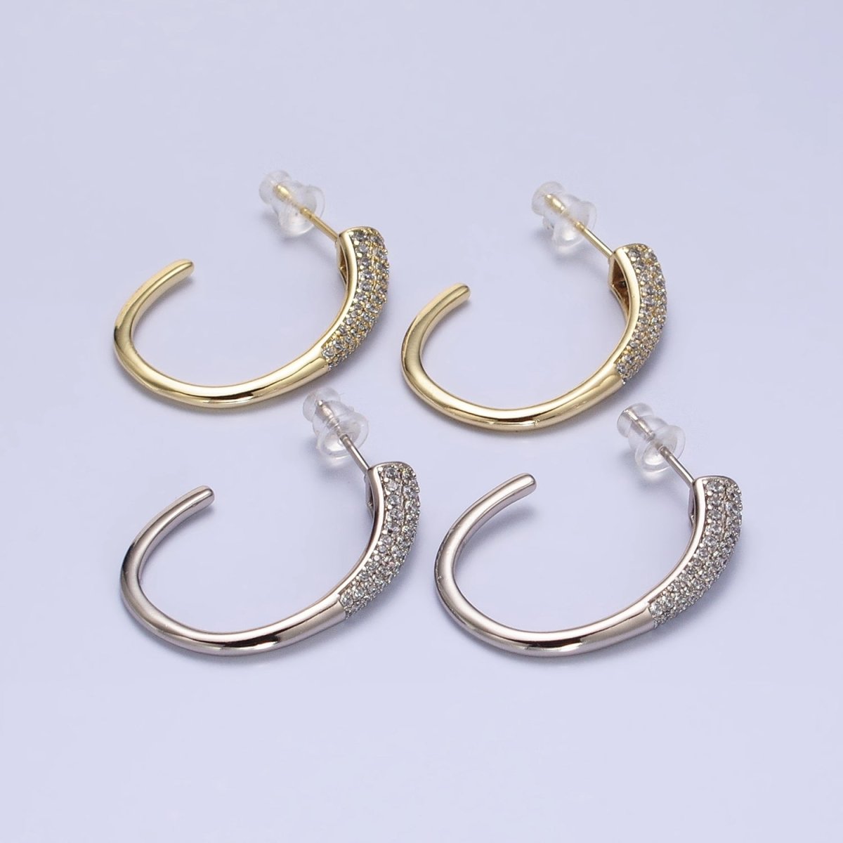 16K Gold plated Micro Paved CZ Minimalist J-Shaped Hoop Earrings in Gold & Silver | AE041 AE042