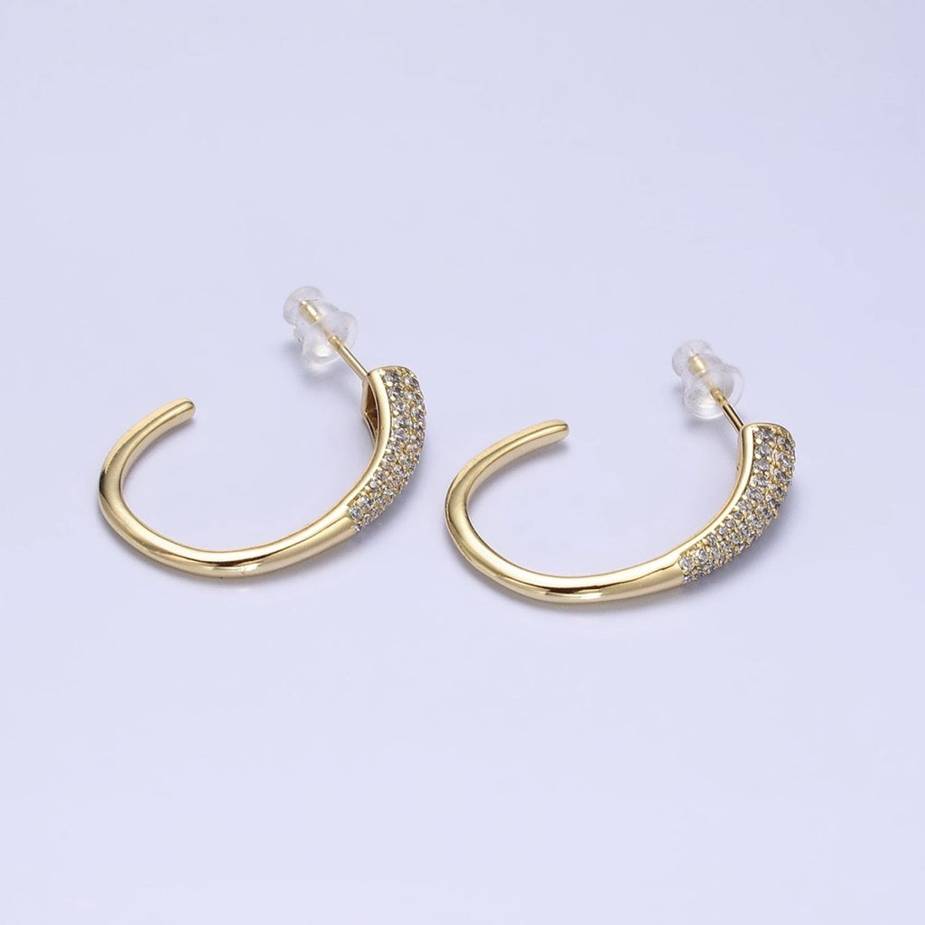 16K Gold plated Micro Paved CZ Minimalist J-Shaped Hoop Earrings in Gold & Silver | AE041 AE042