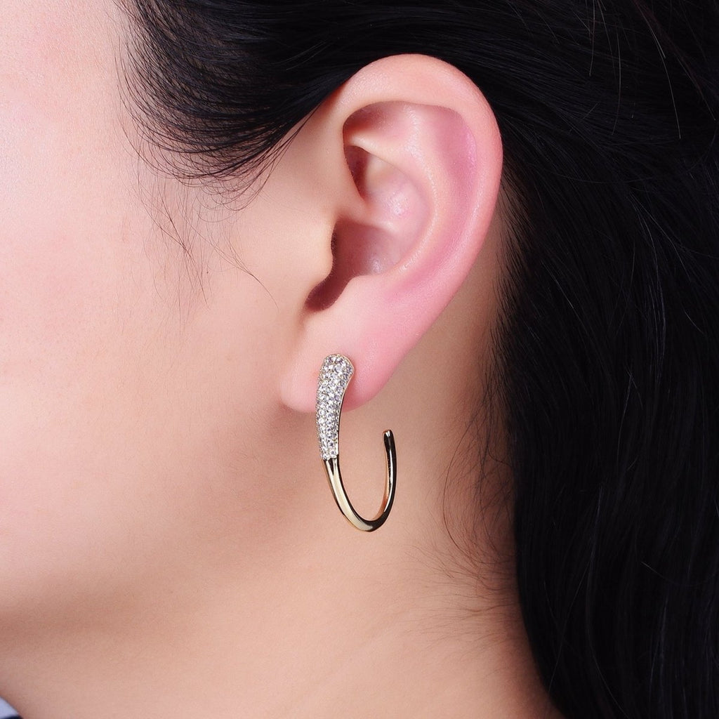16K Gold plated Micro Paved CZ Minimalist J-Shaped Hoop Earrings in Gold & Silver | AE041 AE042