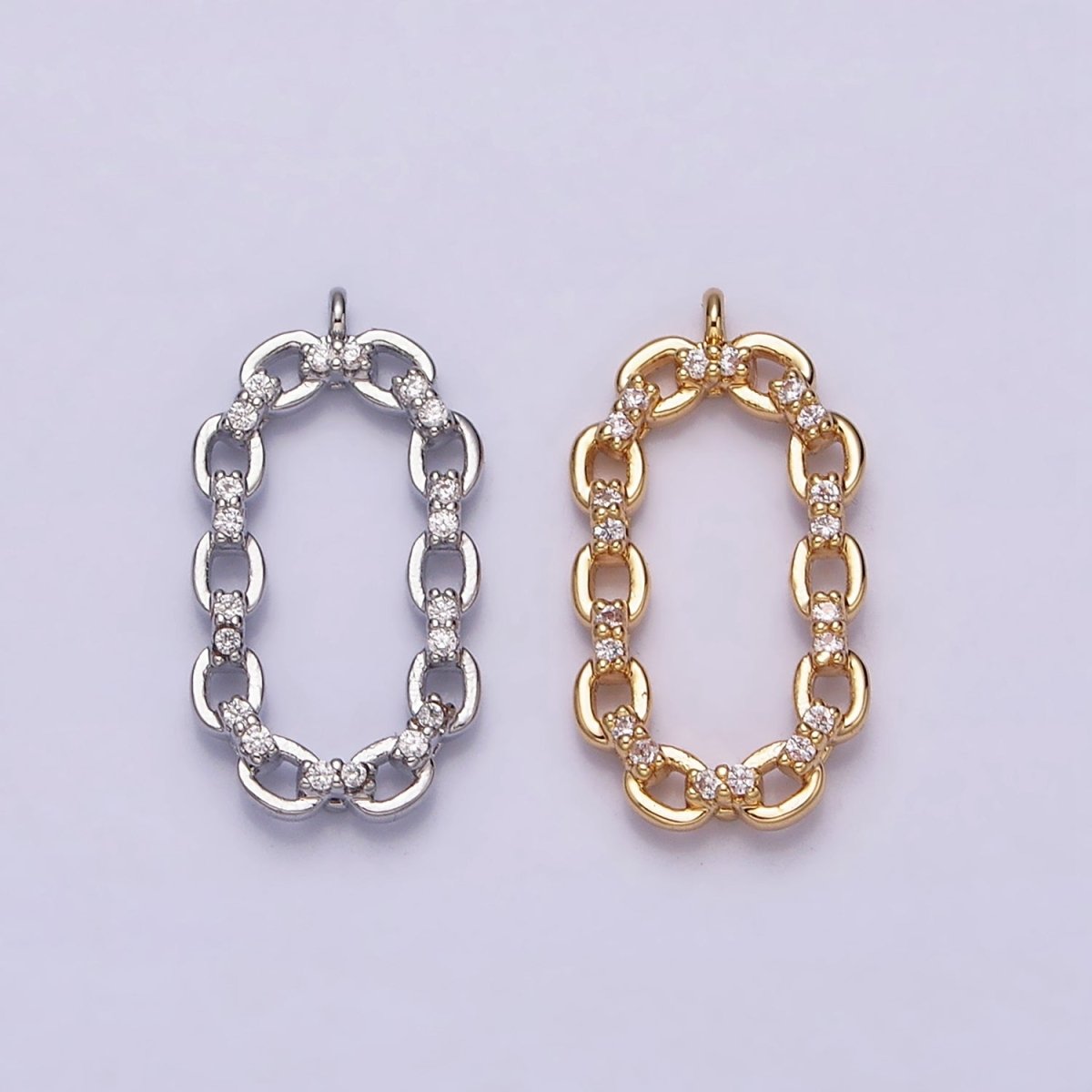 16K Gold plated Micro Paved CZ Open Oval Cable Link Charm in Gold & Silver | AC1179 AC1180