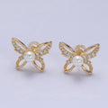 16K Gold plated Micro Paved CZ Pearl Butterfly Mariposa Stud Earrings | AD1251 AD3495 - DLUXCA