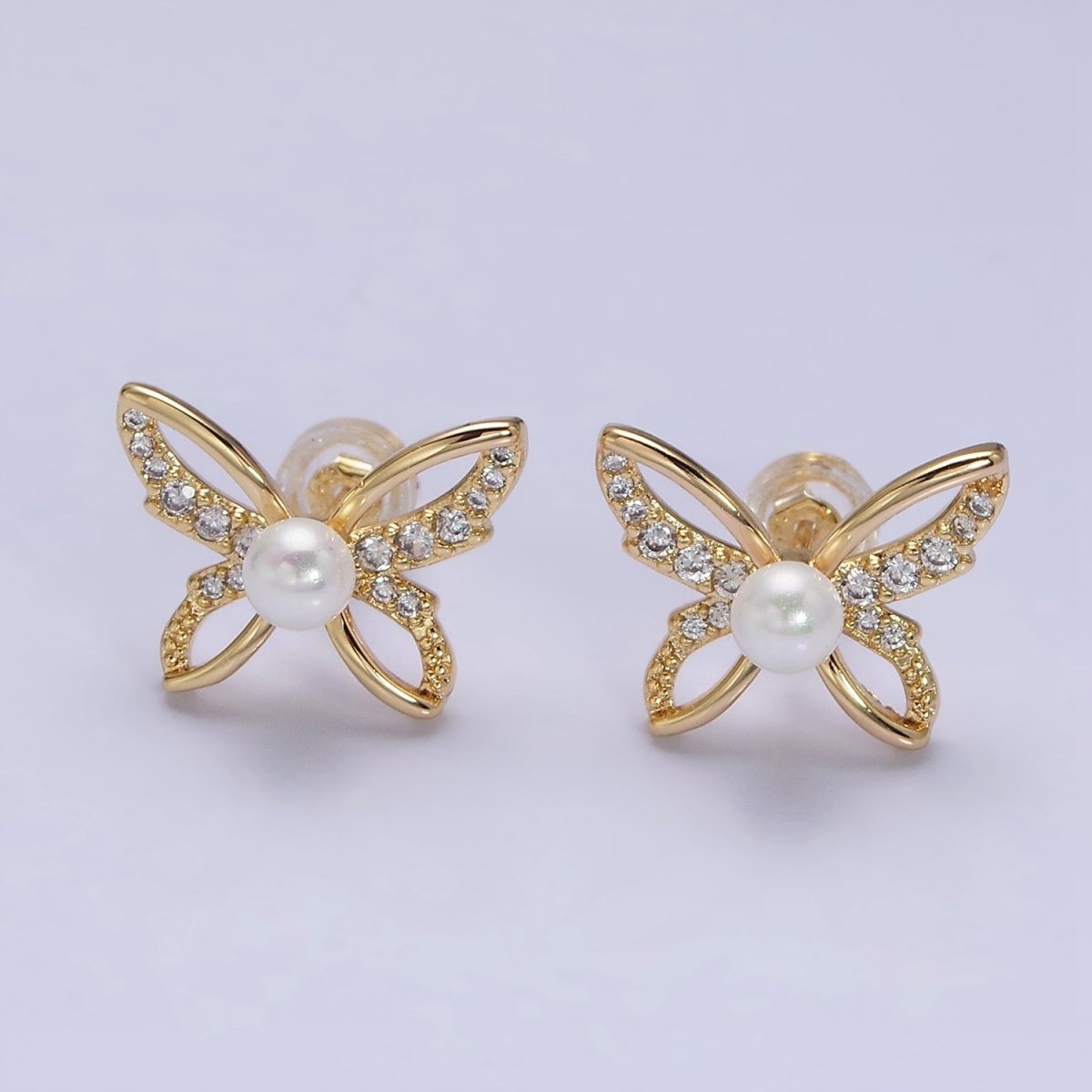 16K Gold plated Micro Paved CZ Pearl Butterfly Mariposa Stud Earrings | AD1251 AD3495 - DLUXCA