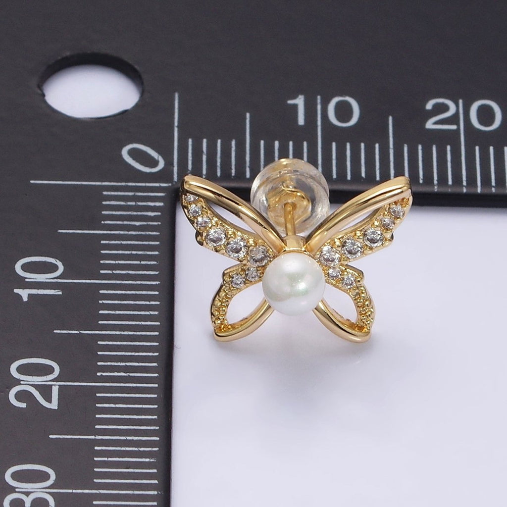 16K Gold plated Micro Paved CZ Pearl Butterfly Mariposa Stud Earrings | AD1251 AD3495 - DLUXCA