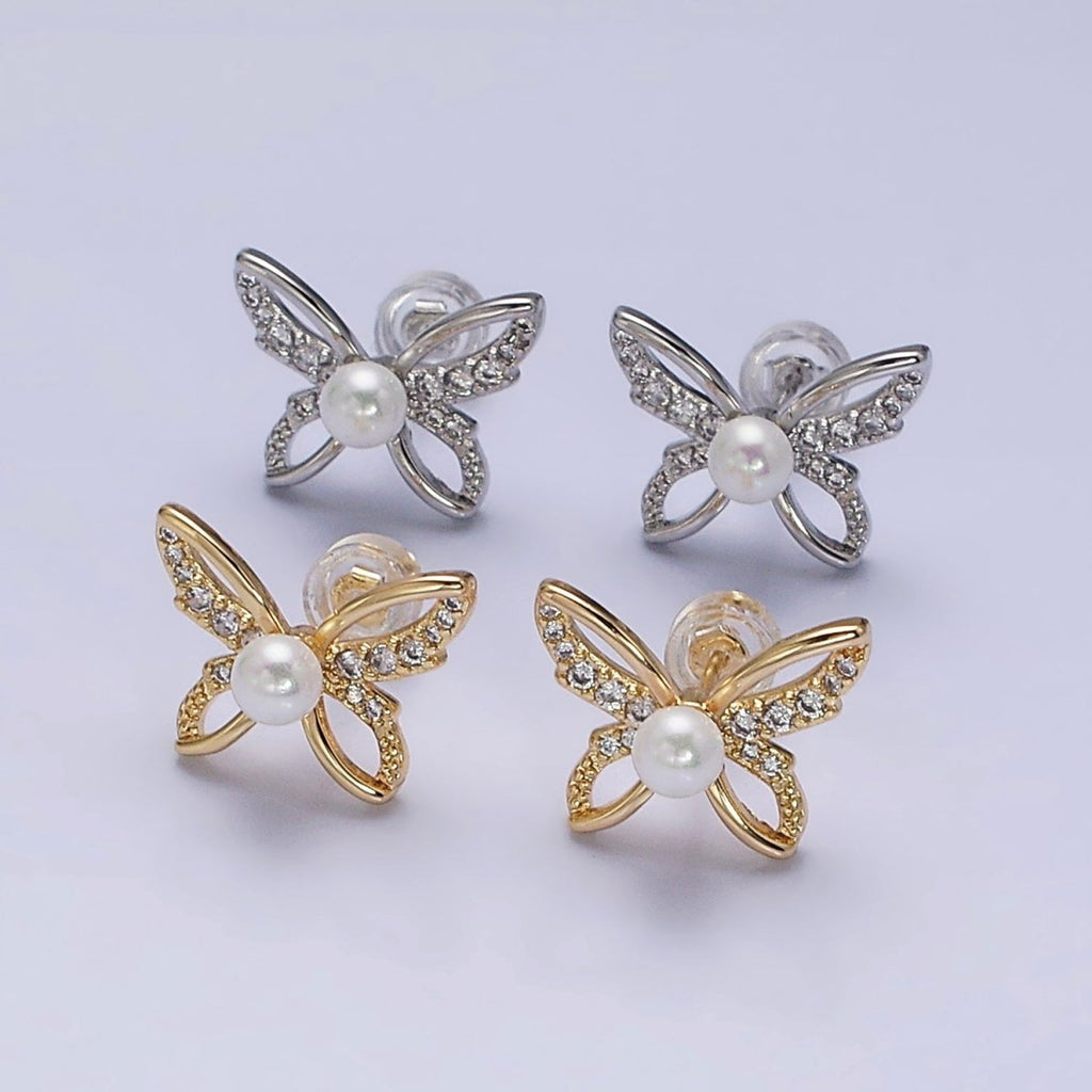 16K Gold plated Micro Paved CZ Pearl Butterfly Mariposa Stud Earrings | AD1251 AD3495 - DLUXCA
