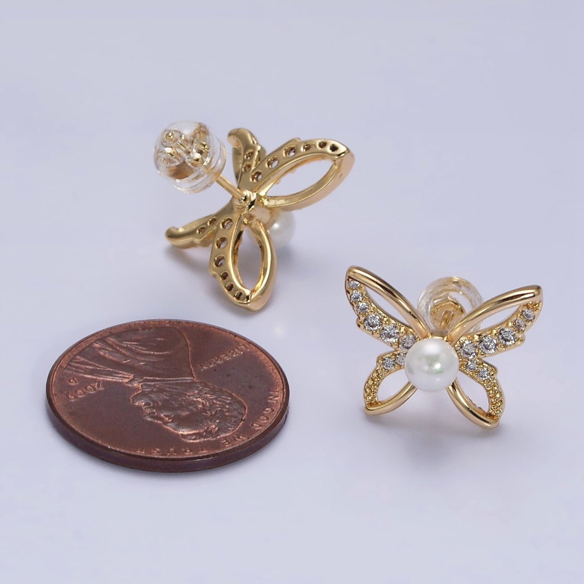 16K Gold plated Micro Paved CZ Pearl Butterfly Mariposa Stud Earrings | AD1251 AD3495 - DLUXCA