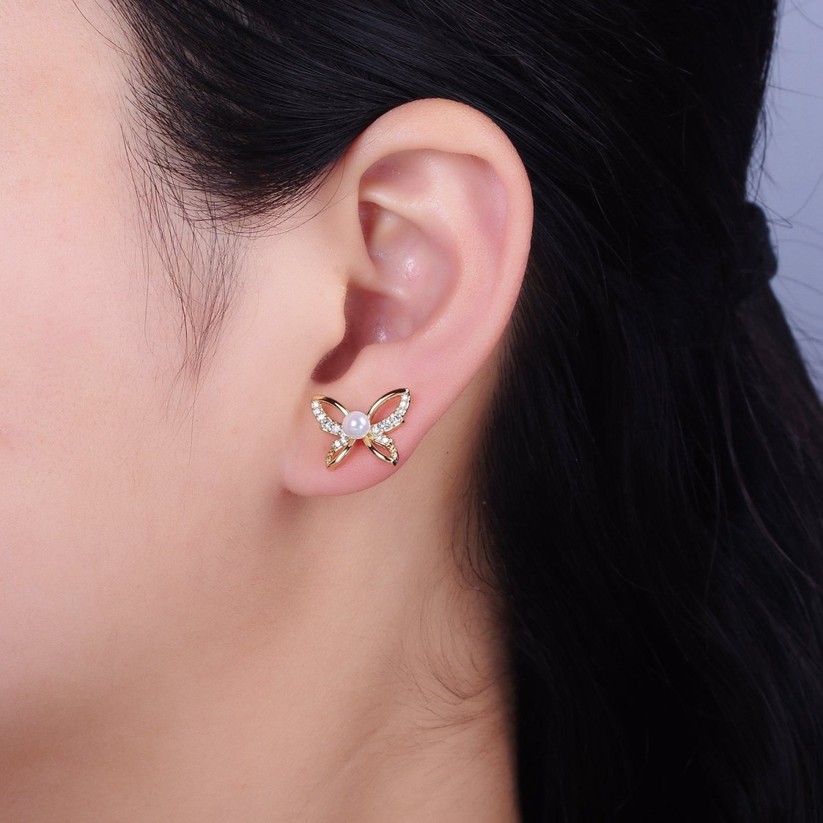 16K Gold plated Micro Paved CZ Pearl Butterfly Mariposa Stud Earrings | AD1251 AD3495 - DLUXCA