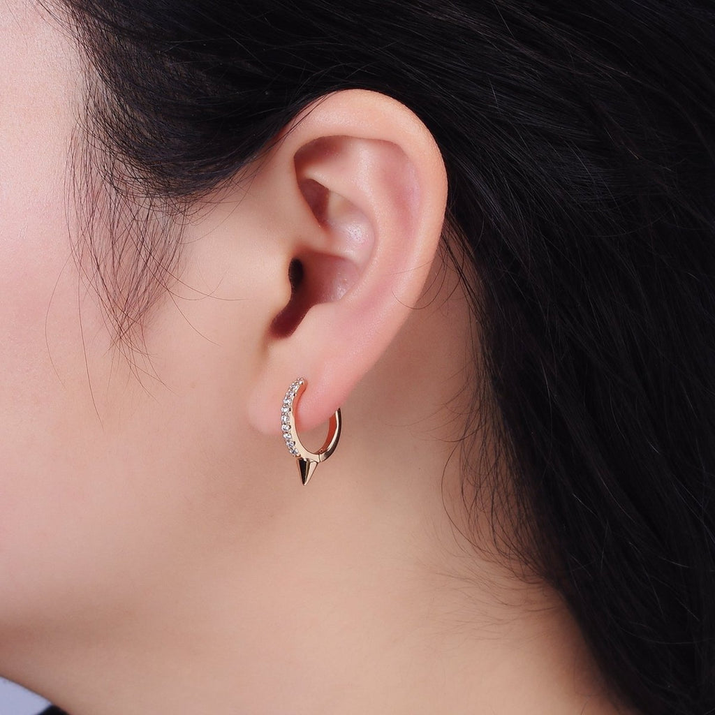 16K Gold plated Micro Paved CZ Spiked 16mm Huggie Earrings | AE815 - DLUXCA