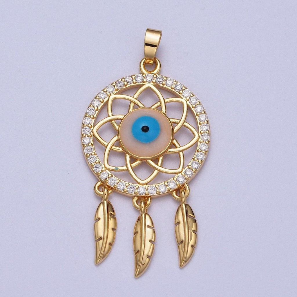 16K Gold plated Micro Paved Evil Eye of Ra Dreamcatcher Feathers Pendant For DIY Protection Jewelry Making | X-688 - DLUXCA