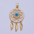 16K Gold plated Micro Paved Evil Eye of Ra Dreamcatcher Feathers Pendant For DIY Protection Jewelry Making | X-688 - DLUXCA